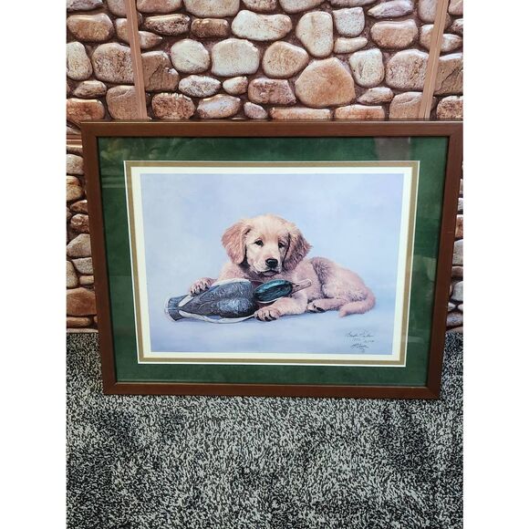 Vintage Linda Picken Signed/Numbered Golden Retriever Puppy with Duck - Picture 1 of 7